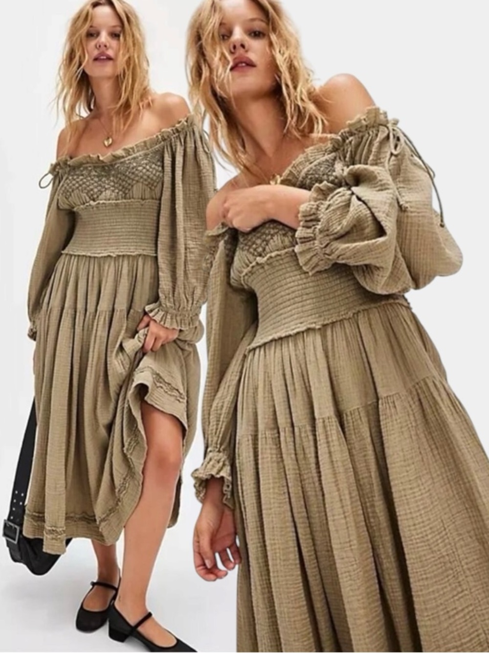 Free People Bohemian Witchy Gypsy Midi Maxi Gauze Dress Olive Small Renaissance